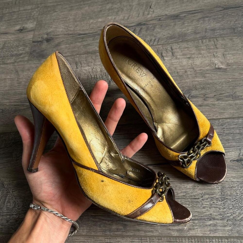 Vintage 00s Yellow Brown J Crew Italian Kitten Heel Peep Toe Brass Chain Heels